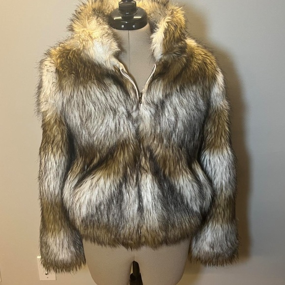 One Way Brown Tan Black Faux Fur Y2K Vintage Inspired Zip Front Jacket NWOT 6 - Picture 7 of 16